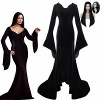 Wednesday Addams Family Morticia Cosplay Costume Wig Black Sexy Up Slim Party Evening Dress For Women Halloween Carnival Dress