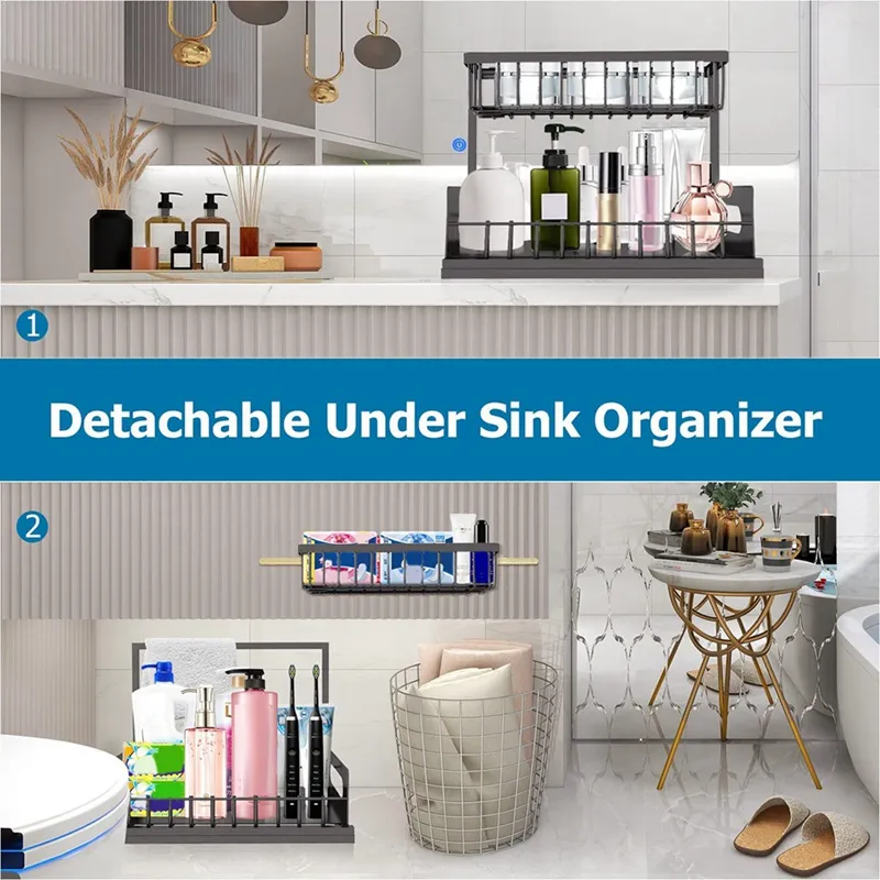 Under Sink Organizer And Storage, 2 Tier Sliding Shelf Cabinet Storage Pull  Out Cabinet Organizer Multi-use Sli L-shape Under Sink Cabinet Drawer Org