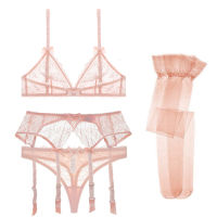 Varsbaby new arrival sexy lace transparent unlined deep V underwear set bra+thongs+garters+stockings 4 pcs