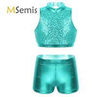 【Love as before】 MSemis Kids Jazz Hip Hop Street Dance Costume Outfit Girls Clothes Sequins Cutout Crop Top Metallic Bottoms Stage Performance