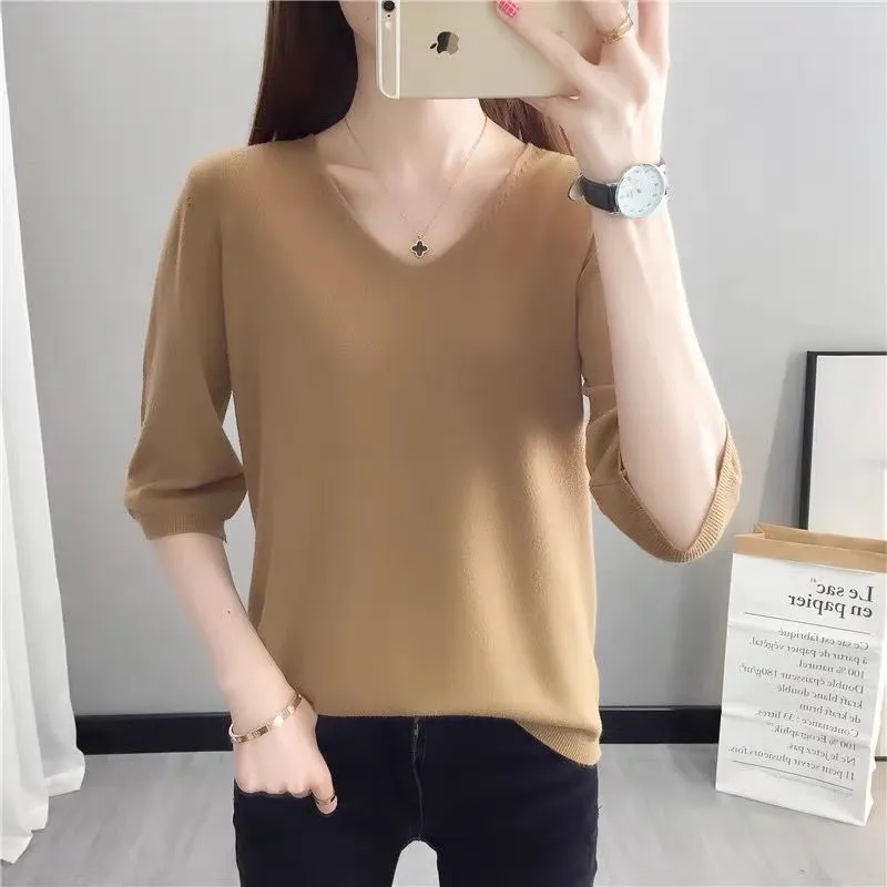 Women V-Neck Pullover Long Sleeve Low Cut Solid Color Loose Blouse