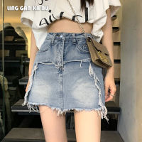 LING GAN KA NU Womens denim short skirt  summer new Korean version large size womens wear frayed fringe high waist thin A-line skirt short skirt trend