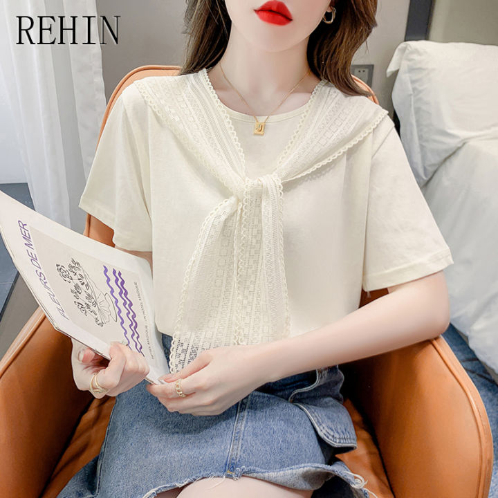 rehin-เสื้อยืดแขนสั้นผู้หญิง-เสื้อลำลองฉบับเกาหลีเสื้อแขนสั้นพร้อมเสื้อพาดไหล่ที่ไม่ซ้ำใครและสง่างาม