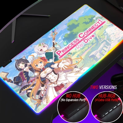 Large Custom HUB Mouse Pad Pecorine 4 Port USB Gaming Mousepad Anime RGB Princess Connect Re Dive Playmat With Led Backlit