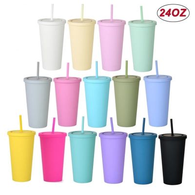 【High-end cups】24ออนซ์สร้างสรรค์สองชั้นถ้วยฟางพลาสติก1ชิ้นถ้วยกาแฟ F Rosted น้ำถ้วยกาแฟแก้วด้วยฟางแก้วเครื่องดื่มแบบพกพาถ้วย