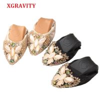 ☎ Stock Clearence Crystal Flats Ballet Flat Shoes Rhinestone Women Spring Autumn Butterfly Pointed Toe Silver Foldable Shoes C220