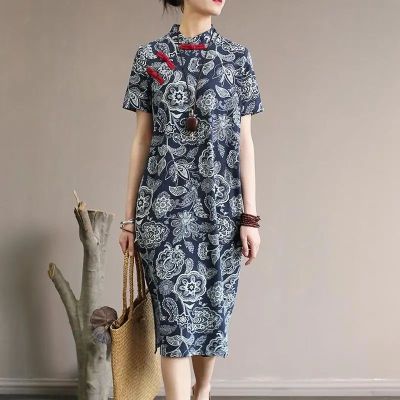 Women Chinese Style Print Cheongsam Elegant Qipao Botton Dresses Japanese Retro Short Sleeve Cotton Linen Casual Dress Blouse