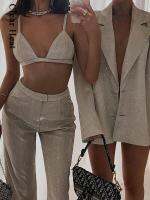 Glitter Sleeveless Crop Top Pants Set Women Summer High Waist Pants Set Bodycon Straight Trouser Suits