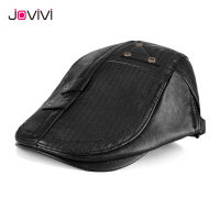 Jovivi หมวกแบนผู้ชายหนังแท้ Duckbill หมวก Berets Earflaps สีดำ Casual Directors หมวกชาย Vintage ฤดูหนาวหมวกขับรถ