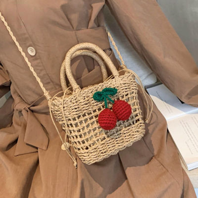 2023 Ladies Cherry Woven Straw Bag Handmade Rattan Handbags Female Cute Seaside Vacation Beach Messenger Bag Small Shoulder Bag