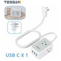 TESSAN Slim Extension Wire ปลั๊กไฟขนาดเล็ก 1.5 ม. พร้อมชาร์จไฟ USB Wall Charger 3 ช่อง (USB C 1 ช่อง) 3 ช่องเสียบ Mini Nightstand Charging Station ปลั๊ก Slim ขนาด 5 ฟุตสำหรับเรือสำราญเดินทางและหอพักที่ต้องมี