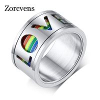 ZORCVENS Chunky 11mm Spinner Men Ring Enamel Rainbow Lines Finger Band Rotatable Hollow Stainless Steel LOVE LGBTQ Jewelry