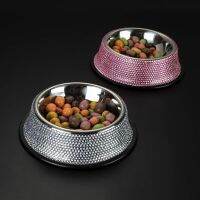 Wholesale diamond inlaid bowl acrylic diamond supplies diamond inlaid stainless steel single bowl cat &amp; dog bowl