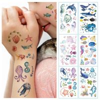 12 kinds Waterproof Temporary Tattoos For Kids Cartoon Dolphins Whales Marine Fish Watercolor Fake Tattoo Stickers Disposable