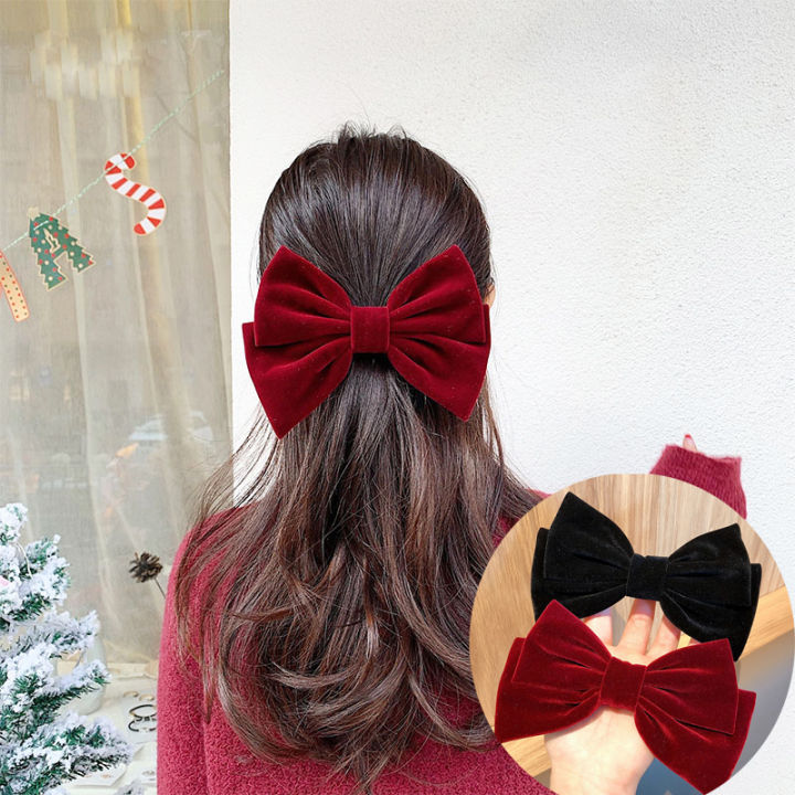 Velvet Bow With Clip Women Girls Elegant Bow Tie Hairpins Vintage Black  Dark Red Bow Hair Clip Prom Hair Accessories | Lazada