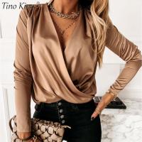 Satin Cross V-neck Womens Blouse Silk Elegant Spring Summer Office Lady Female Blouses 2022 New Long Sleeve Fashion Ladies Tops