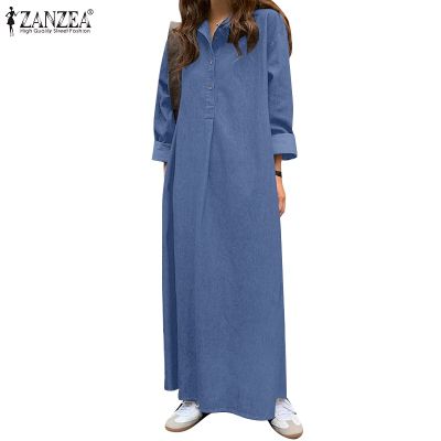 ZANZEA Women Korean Fashion Turn Down Collar Long Sleeve Denim Leisure Shirtdress