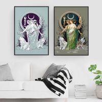 Moon Hecate Goddess โปสเตอร์ผ้าใบ Witchy Wall Art ตกแต่งห้องนั่งเล่นสมัยใหม่