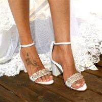 Summer rhinestone thick-heeled high-heeled white bridal wedding sandals pearl large size banquet dress all-match women’s shoes