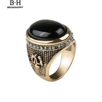 broadhappyแหวนวินเทจฝัง Big Black Rhinestone ผู้ชายวินเทจ แหวนเกลี้ยง