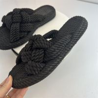 Hs cut mark broken code clearance [Mori] hemp rope braided thick-soled sandals and slippers show white black large size Roman slippers 【QYUE】