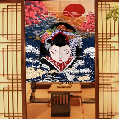 Fashion 2023 Ukiyo-E entrance curtains decorated with colorful Japanese kitchen curtains at Izakaya sushi restaurant
