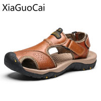 Big Size 45,46 Summer Leather Mens Sandals Men Outdoor Beach Sandals Large Size Hook Loop Male Flat Sandals