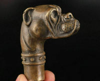 Chinese Old Bronze Handmade Carved Animal Dog Head Statue Walking Stick Head