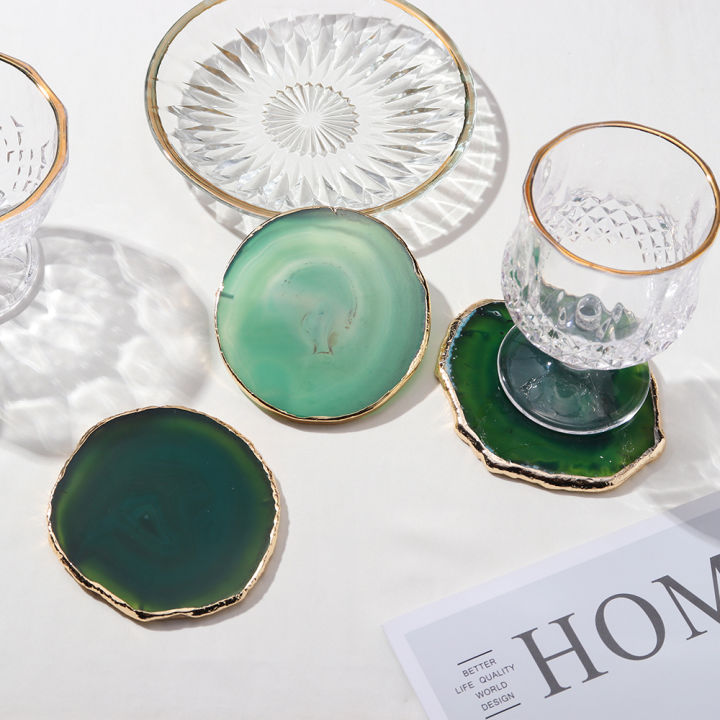 natural-crystal-green-agate-coaster-round-gold-plated-trim-wafer-insulated-coasters-polished-slices-home-decoration