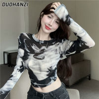 คอกลม DUOHANZI หมึกที่ใช้ในการพิมพ์ส่วนที่บางเฉียบดีไซน์เพรียวแขนยาวเสื้อยืด Cewek Seksi สำหรับผู้หญิง