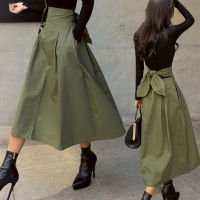 shintimes Skirts Womens Korean Fashion Solid Color Big Swing Ladies Skirt Long Skirt  Autumn Wild High Waist Bow Slim Skirts