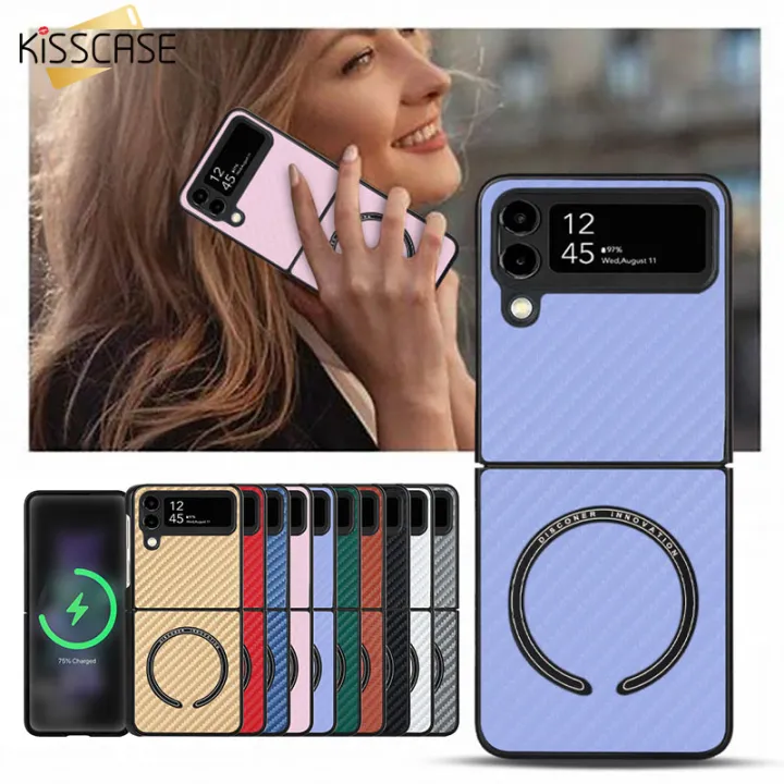 Kisscase For Samsung Z Flip 4 Flip3 5g Case Slim Carbon Fiber Pattern Leather For Magsafe 3073