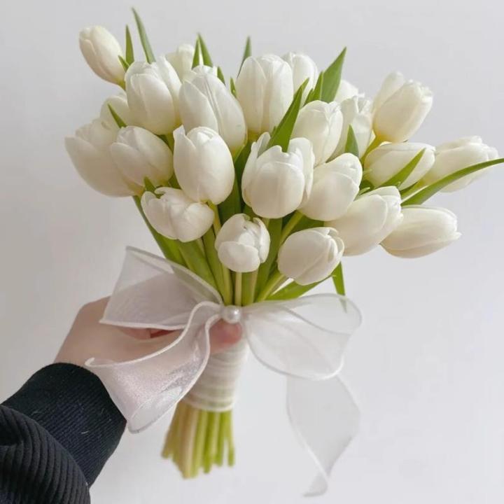ดอกไม้ทิวลิปขาวมือถือใบโพรไฟล์ดอกไม้แต่งงานเจ้าสาว2023รับรองการลงทะเบียนเข้าซื้อกิจการดอกไม้ประดิษฐ์