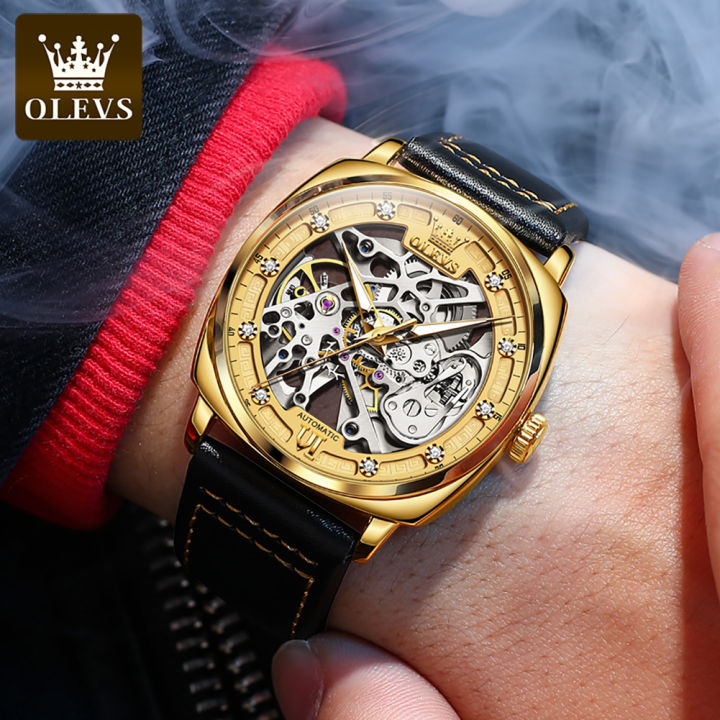 oelvs-นาฬิกาโชว์กลไก-นาฬิกาผู้ชาย-สายแสตนเลส-หน้าปัดดำ-สินค้าขายดีมาก-มั่นใจ-ของแท้-ประกันศูนย์-1-ปีเต็ม-automatic-watch-for-men-gold-skeleton-dial-luminous-punk