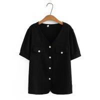 【มีไซส์ใหญ่】Plus Size Wmens V-neck Button Up Summer Black Blouses Short Sleeve Solid Color Fashion Vintage Female Tops Oversized A-line Top