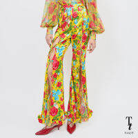 TandT - HOWARD FLORAL Pant - MIFFY IN A GARDEN PRINTED TIE-BOW DETAIL FLARED PANTS  กางเกงขายาวทรงขาม้า ขาบาน ผ่าหน้าผูกเชือก ตกแต่งรูดระบาย พิมพ์ลายดอกกุหลาบ ผ้าซาติน