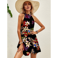 【CW】 Tropical Hawaii Print Women Dress Sexy Halter A-Line Skirts For Women Elegant Sleeveless Party Beach Dresses