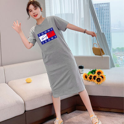 Q78(จัดส่งโดยKerry)เดรสยาวเสื้อยืดแฟชั่นผู้หญิงสไตล์เกาหลี คอกลมแขนสั้น เนื้อผ้ายืดหยุ่นดี กระโปรงเสื้อยืดทรงสวย แนวหวานสดวัยรุ่นน่ารั