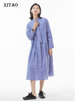 XITAO Shirt Dress Fashion Full Sleeve Casual Loose Striped Dress