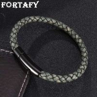 FORTAFY Jewelry Men Women Antique Green ided Leather Vintage celet Uni Stainless Steel Clasp Casual Wristband FR0465