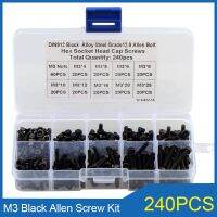 240pcs M3 Black High Strength Hexagon Hex Socket Cap Head Screw Kit 12.9 Grade Carbon Steel Allen Screw with Nut Combination Set Nails Screws Fastener