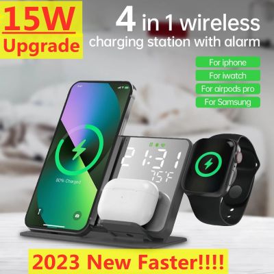 15W Wireless Charger Stand For iPhone 14 13 12 11 Apple / Samsung Watch 4 in 1 Fast Charging Station for Airpods Pro iWatch 8 7
