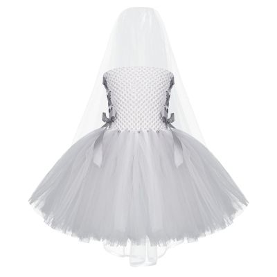 ▦ White Kids Girls Halloween Dead Bride Cosplay Costume Tube Dress Baby Ghosts Mesh Tutu Dress with Veil Set Fancy Stage Costume
