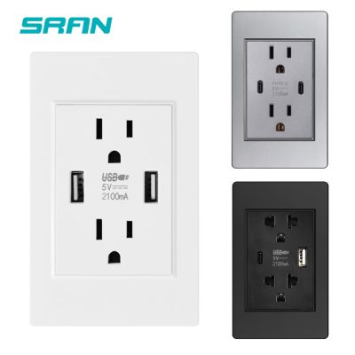 SRAN US Standard Dual Usb Wall Plug Socket Double 2.1A Socket With Usb c White/Black/Gold PC Flame Retardant Panel 118mm*76mm