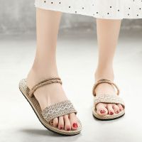 new fashion simple flat shoes imitation straw weaving lady flip flops outside beach casual sandals and slippers