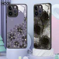 เคสโทรศัพท์กระจกเทมเปอร์ดอกไม้กุหลาบสีดำ HCOE สำหรับ IPhone14 13 12 11 Pro Max X XS Max XR 14 7 8 Plus ฝาหลังกันกระแทก