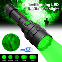 Professional Tactical GreenRed L2 LED Flashlight 5 Modes Hunting Torch USB Rechargeable Torch Power by 18650 Battery