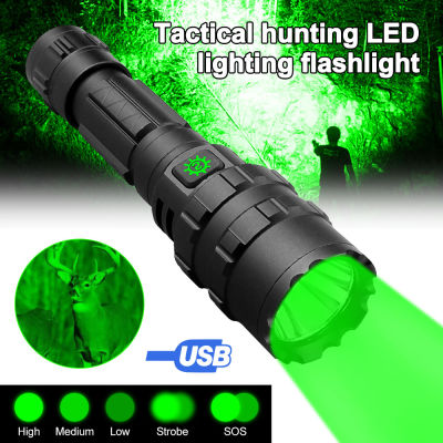 1800LM Tactical L2 LED Hunting Flashlight WhiteGreenRed Light USB Charging Lamp 5 Modes Torch Power by 18650 Battery