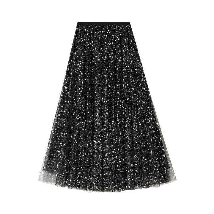 sequined-star-gauze-skirt-womens-fashion-cly-medium-length-skirt