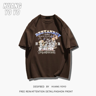 HUANGYOYO เสื้อยืดลำลองผ้าฝ้ายแขนสั้น100% ตัวอักษรกระต่ายกว้างสำหรับผู้หญิง